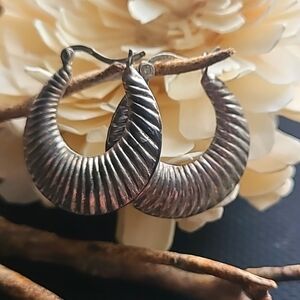 Vintage Handcrafted Sterling Silver Large Seashells Hoop Earring